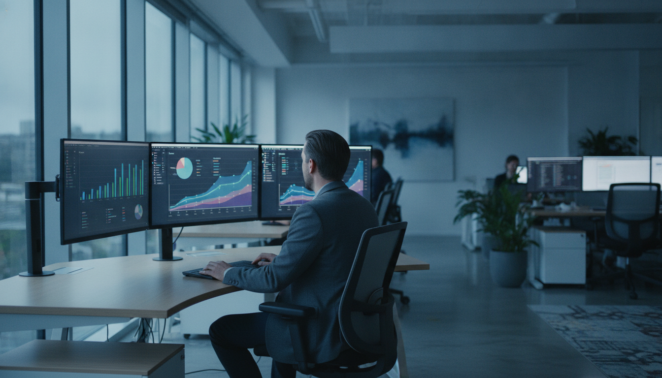 automatização de postagens — A modern office with people analyzing dashboards, soft natural lighting, professional photography style