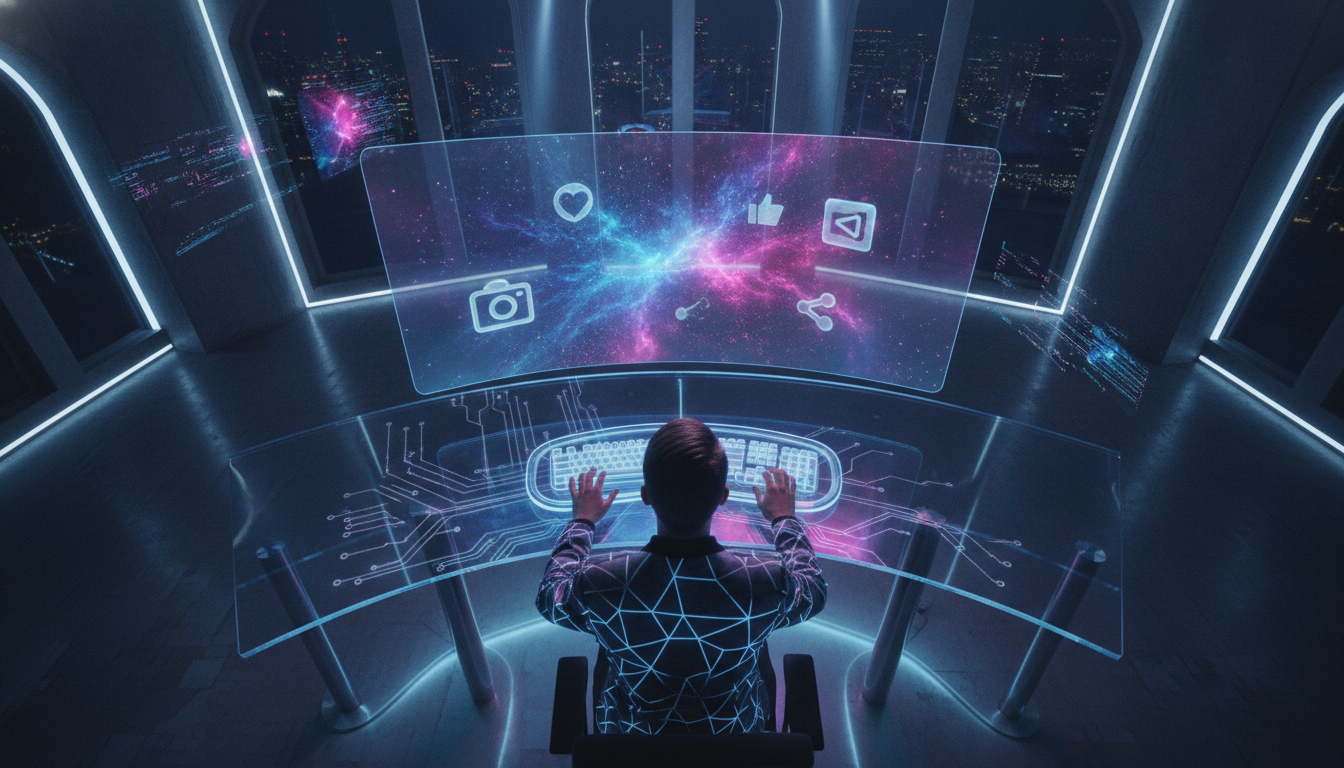 A team collaborating in a high-tech office with social media icons floating around, vibrant colors, futuristic feel