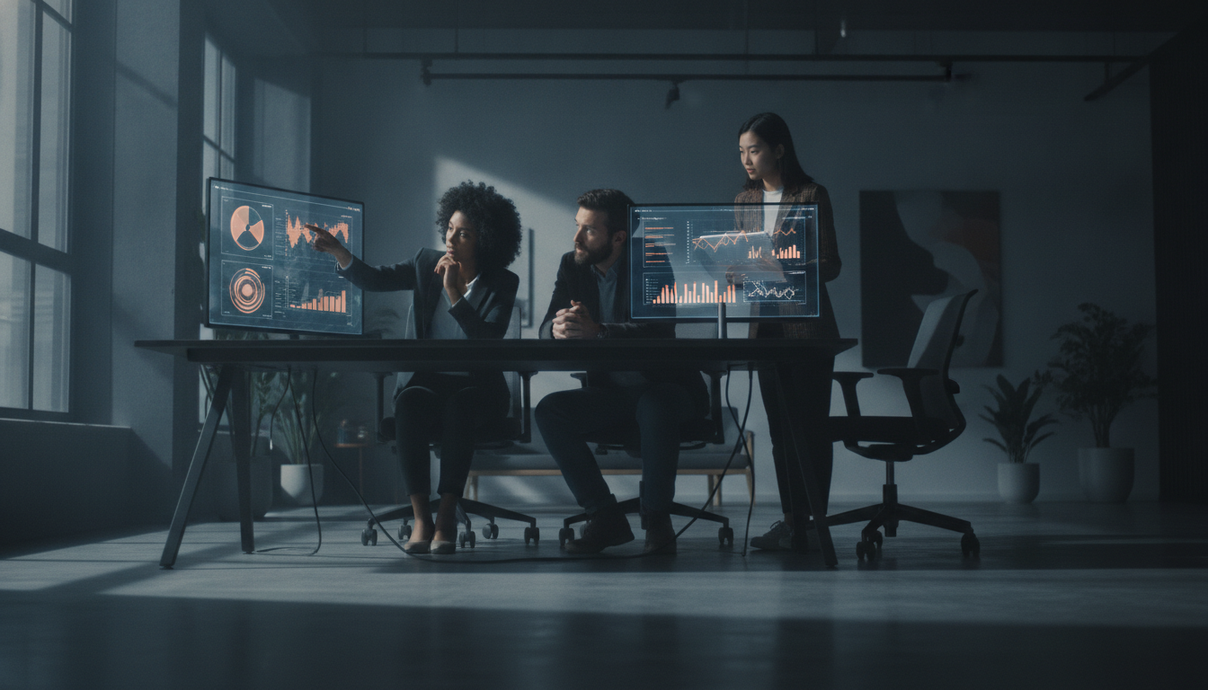 bastidores de websites — A modern office with people analyzing dashboards, soft natural lighting, professional photography style