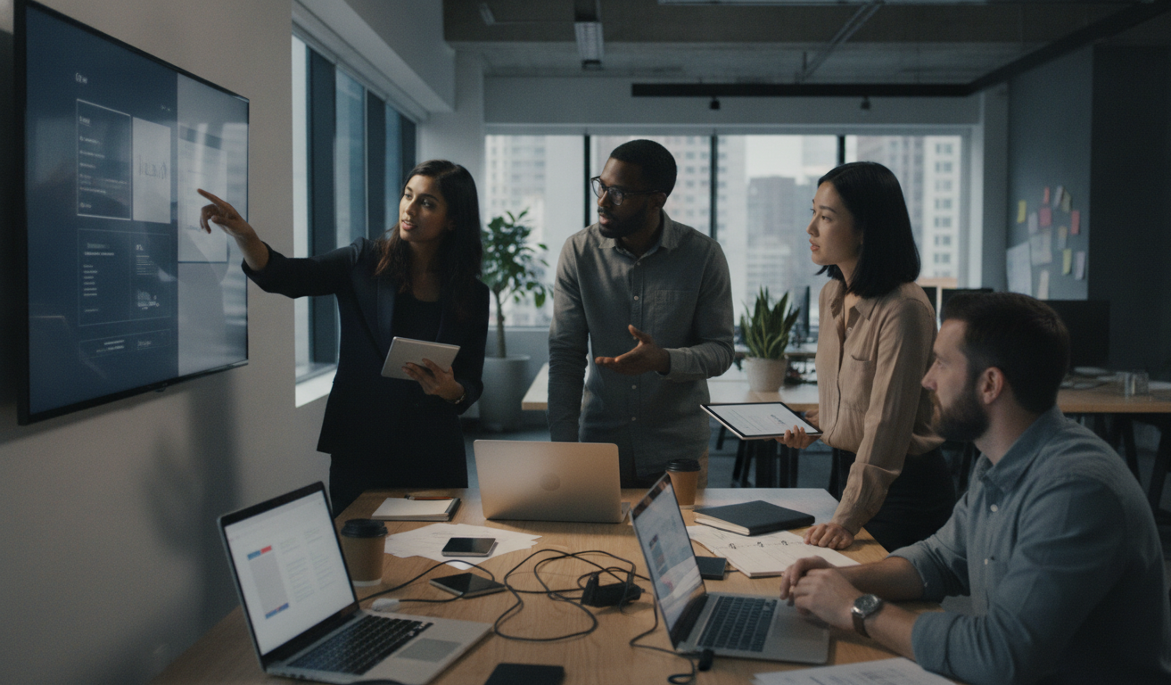 A group of diverse professionals working on website design with charts and laptops, bright office lighting, realistic style