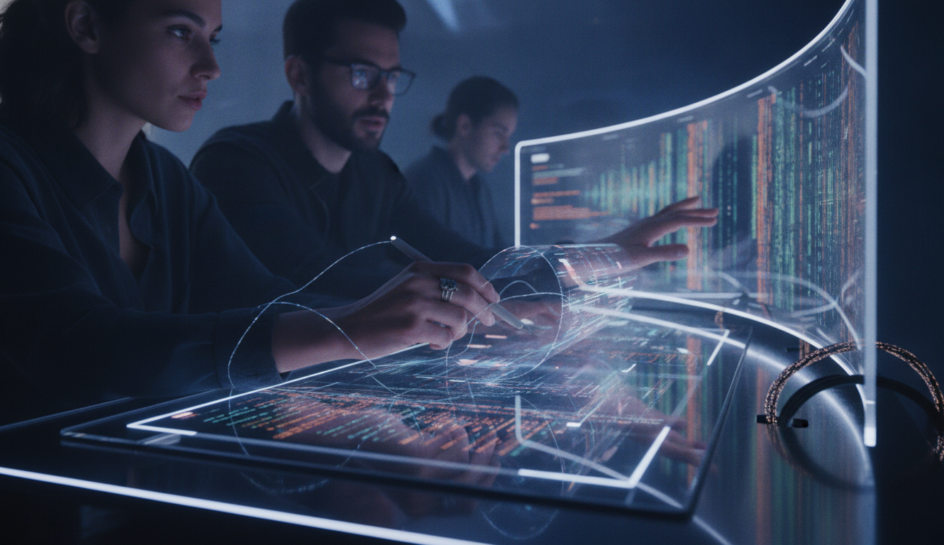A futuristic workspace with digital interfaces and AI-driven tools in use, bright and futuristic lighting, high-tech style