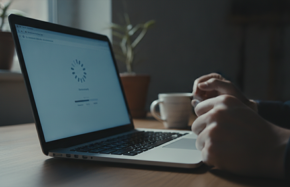 sites mal estruturados — A frustrated user looking at a slow-loading website on a laptop, indoor setting, natural lighting