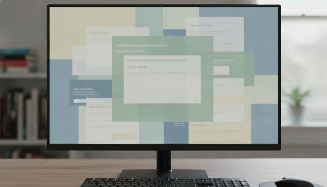 A cluttered, confusing webpage with overlapping elements, poor color contrast, and hard-to-read text