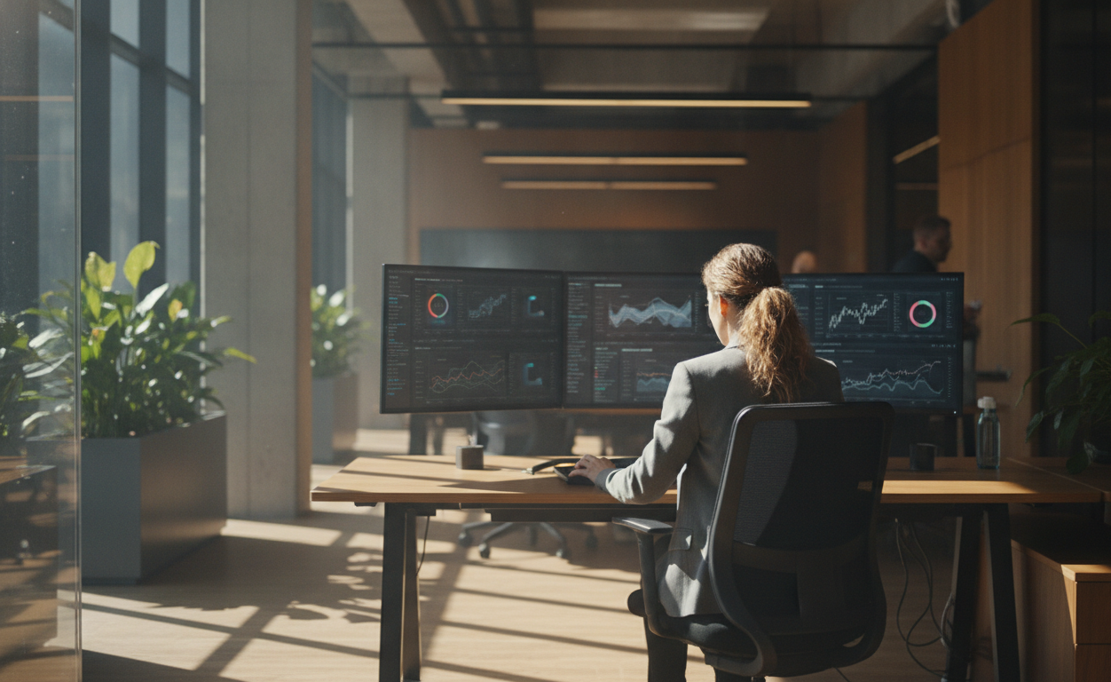 humanização digital — A modern office with people analyzing dashboards, soft natural lighting, professional photography style