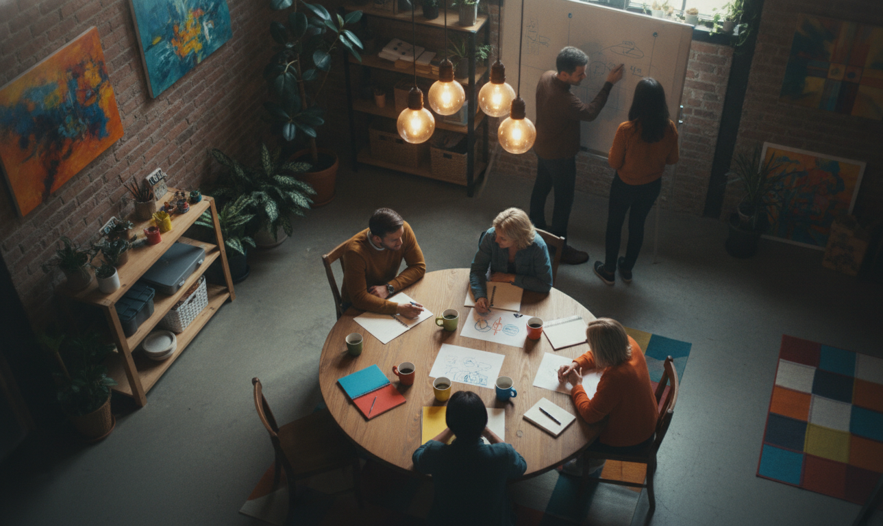 A team brainstorming in a creative workspace, vibrant colors, and dynamic composition