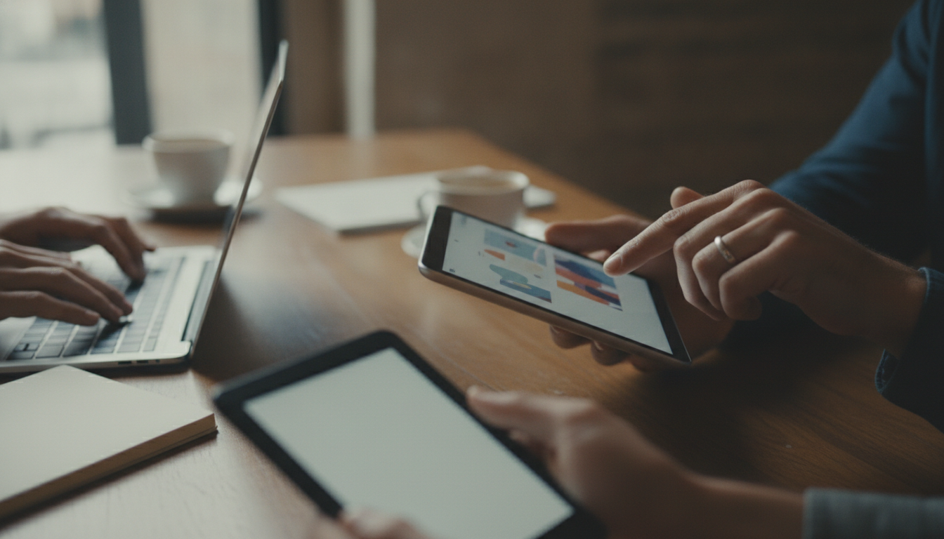 A diverse group of people engaging with digital content on various devices, warm lighting