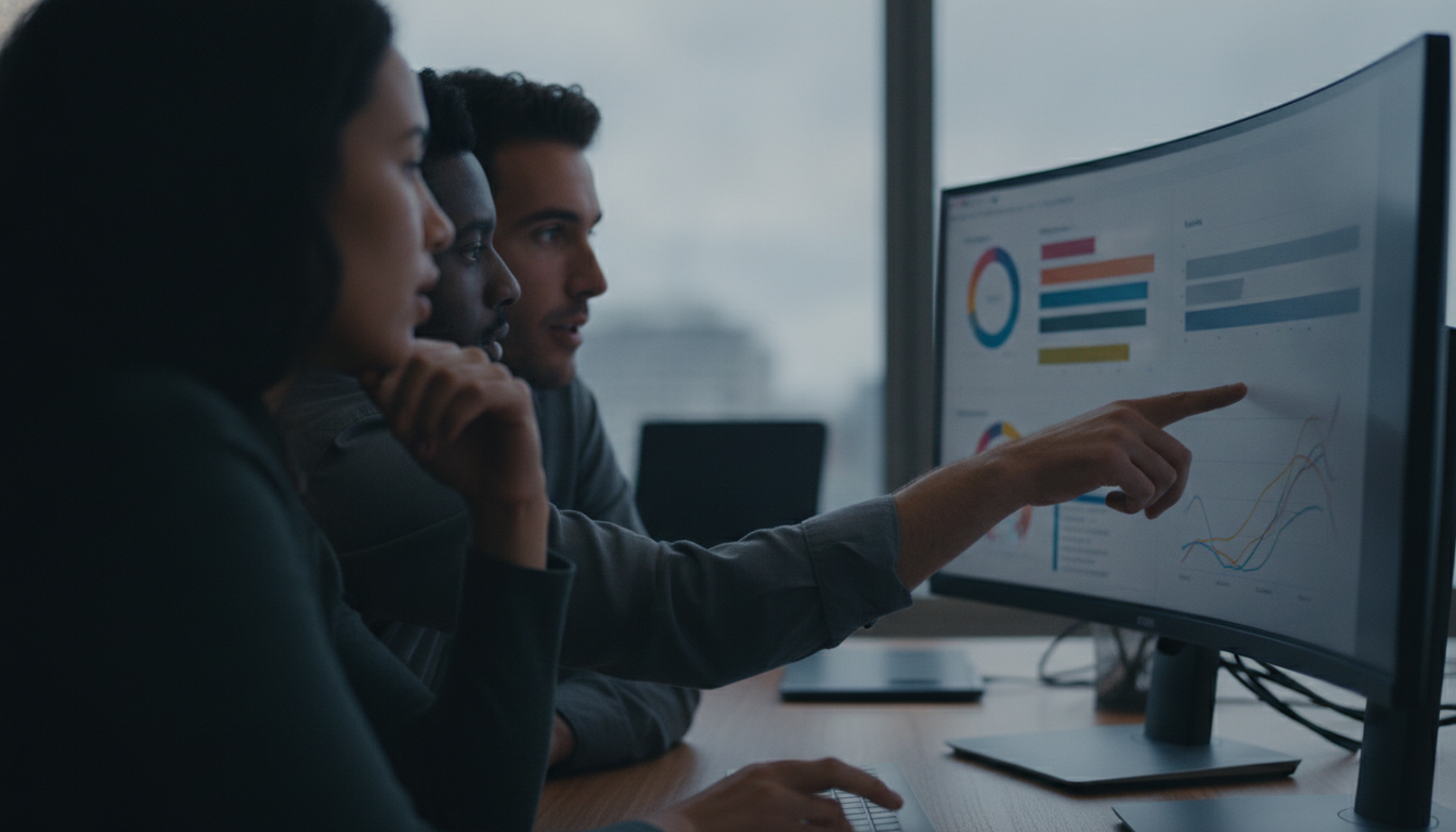 plataformas de criação de sites — A modern office with people analyzing dashboards, soft natural lighting, professional photography style
