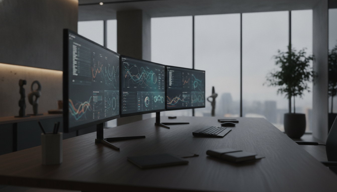 automação de conteúdo operacional — A modern office with people analyzing dashboards, soft natural lighting, professional photography style