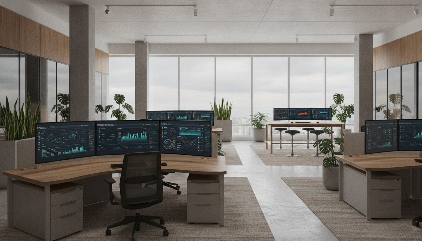 A/B testing sites — A modern office with people analyzing dashboards, soft natural lighting, professional photography style