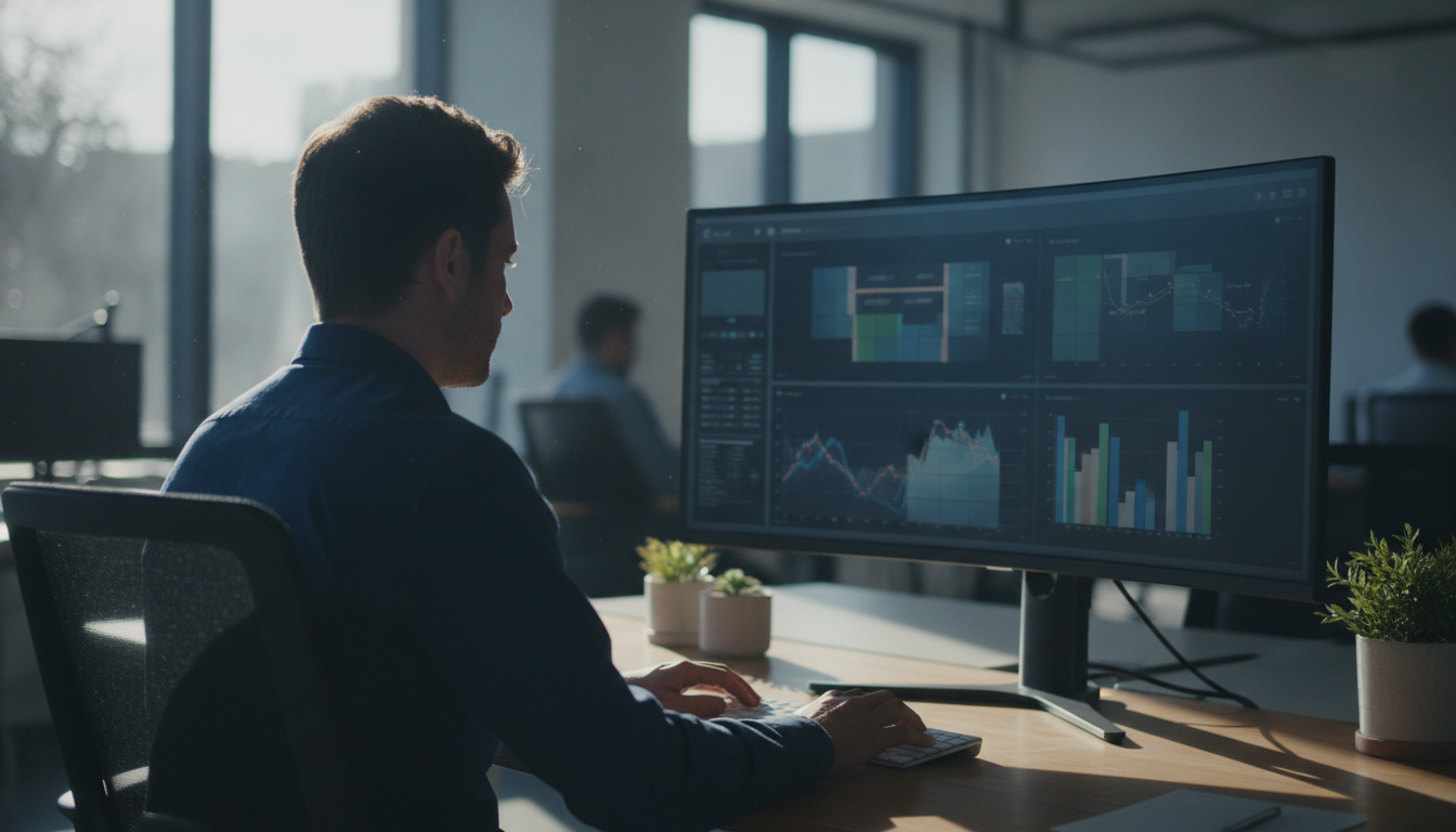 decisões de compra online — A modern office with people analyzing dashboards, soft natural lighting, professional photography style
