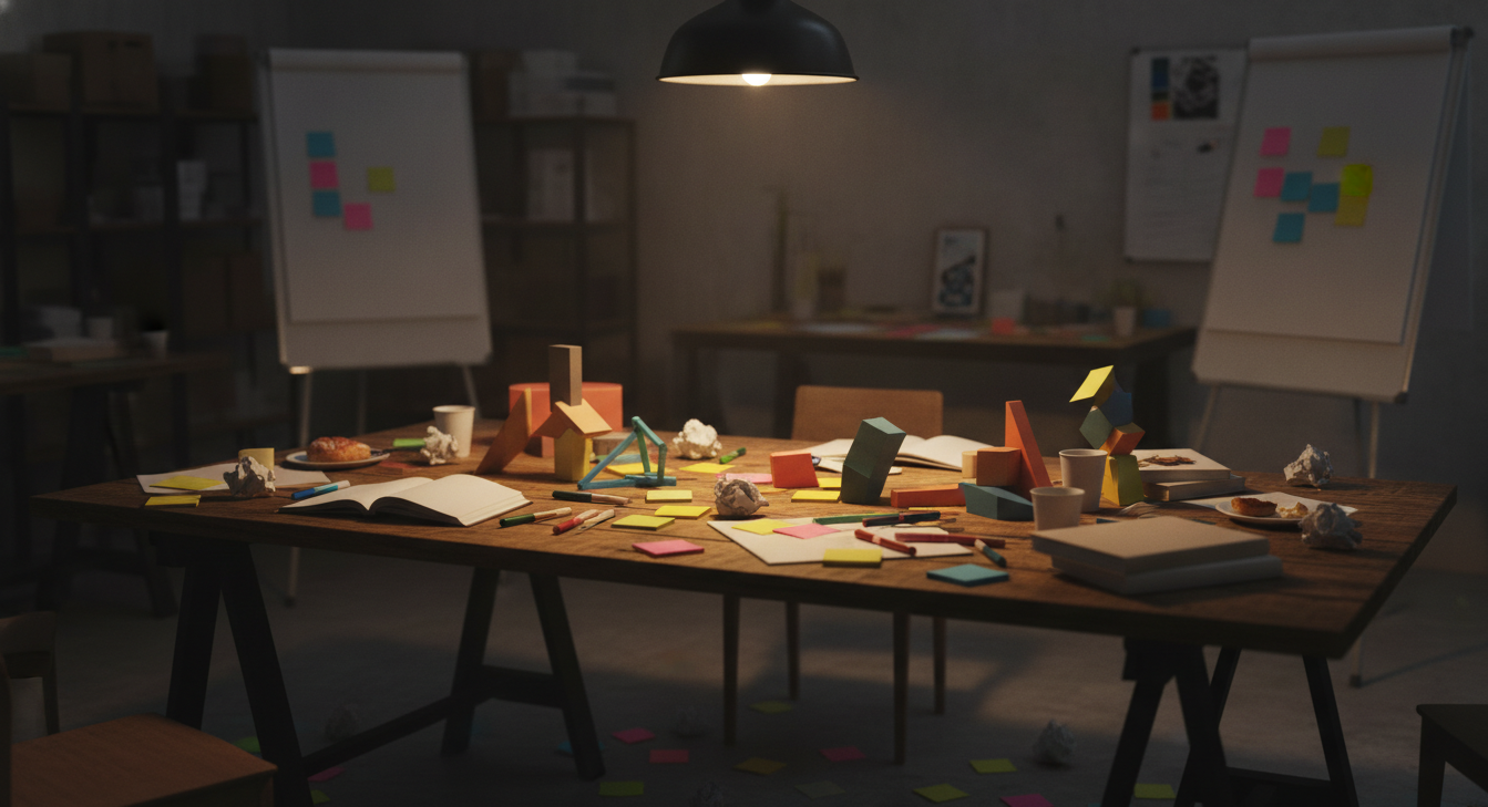 A creative workspace with a team brainstorming ideas, bright colors and dynamic interaction