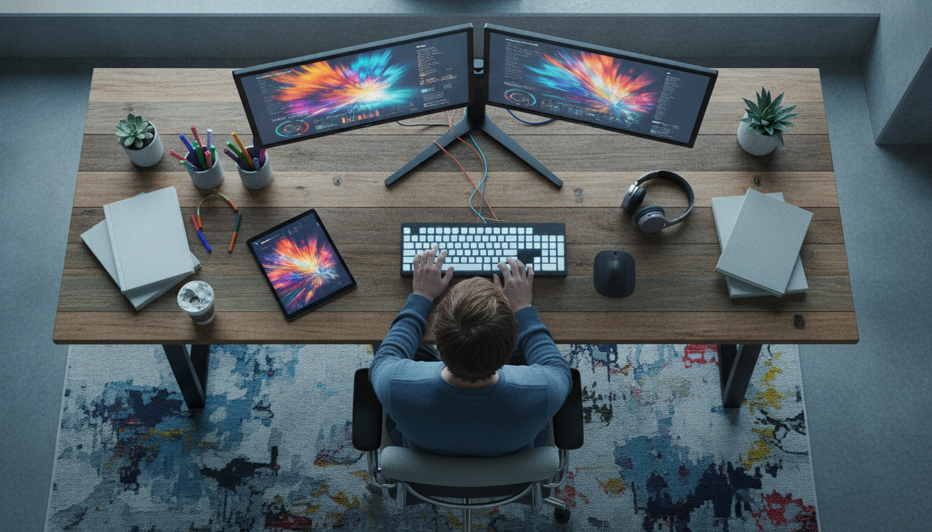 Detailed view of a creative workspace with digital marketing tools, vibrant colors, and dynamic composition