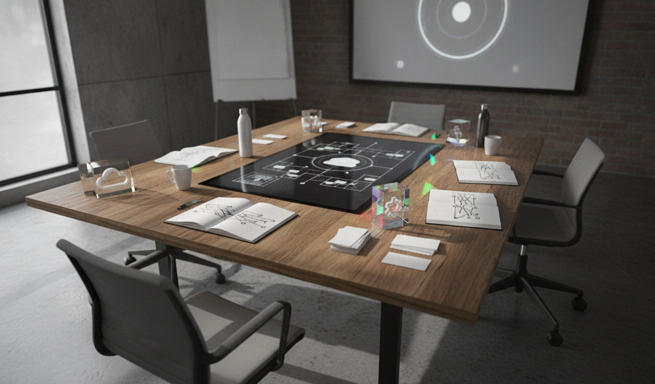 A team of professionals brainstorming on digital strategy, modern office setting, engaging atmosphere