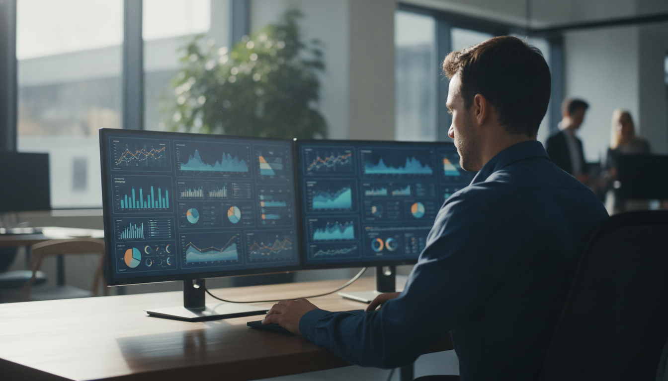 sites que engajam — A modern office with people analyzing dashboards, soft natural lighting, professional photography style