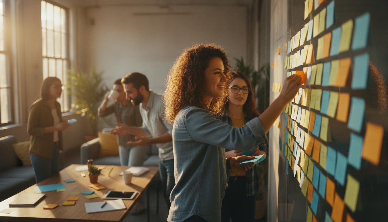 A diverse group of people in a creative workspace, brainstorming with sticky notes on a wall, vibrant colors