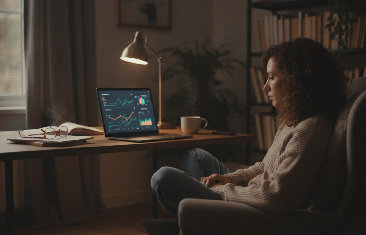 A person using a laptop with analytics on the screen in a cozy home office setting, warm lighting