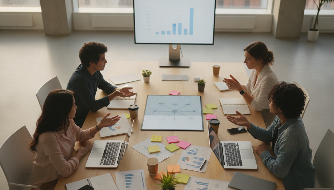 automação redes sociais — A team of professionals working on social media strategy in a modern office, bright and organized environment