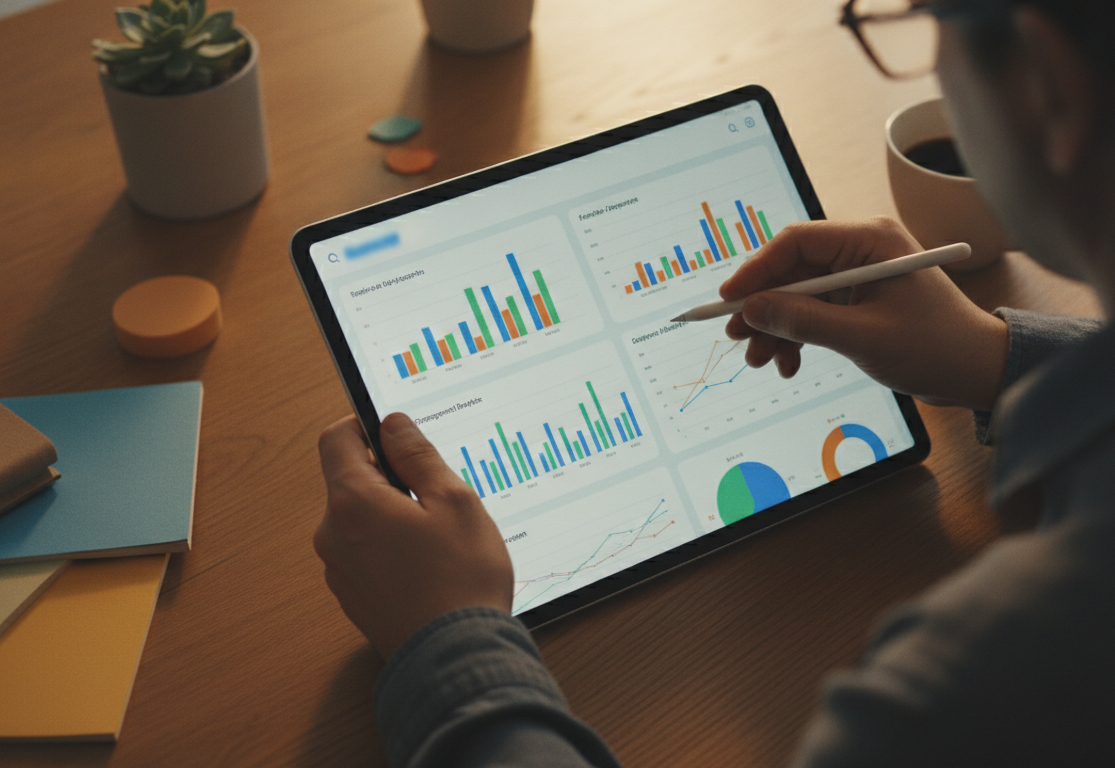 A detailed dashboard showing analytics of social media performance, colorful charts and graphs, digital interface