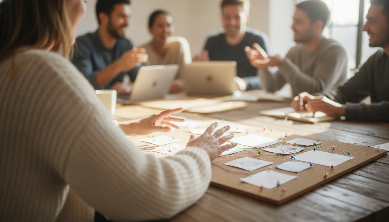 A creative workspace with a group of people brainstorming social media content, bright and collaborative atmosphere