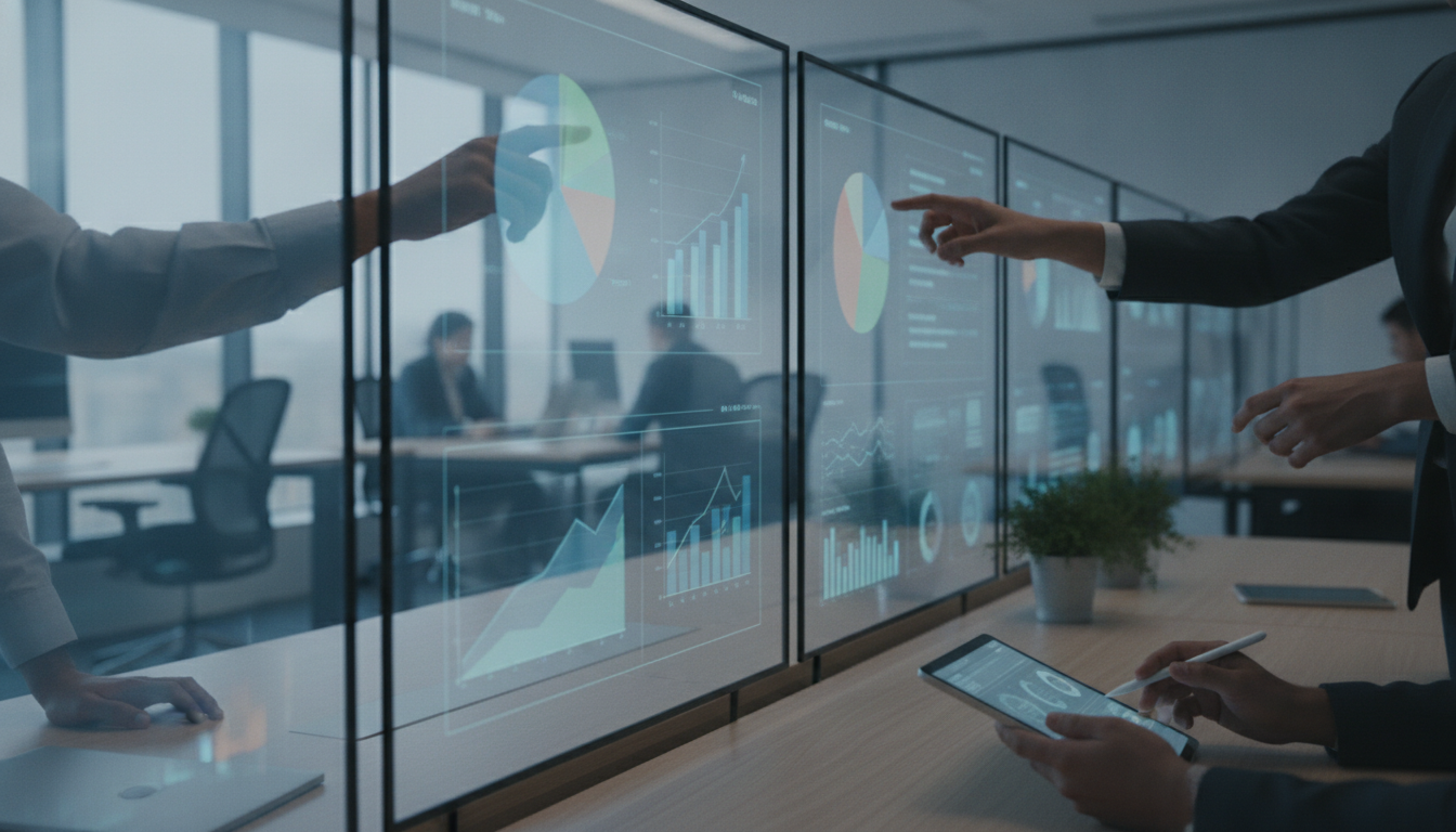 multiplica leads — A modern office with people analyzing dashboards, soft natural lighting, professional photography style
