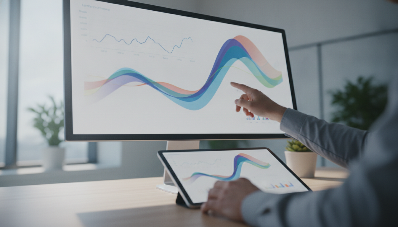 A digital dashboard with colorful graphs and data points, modern professional interface