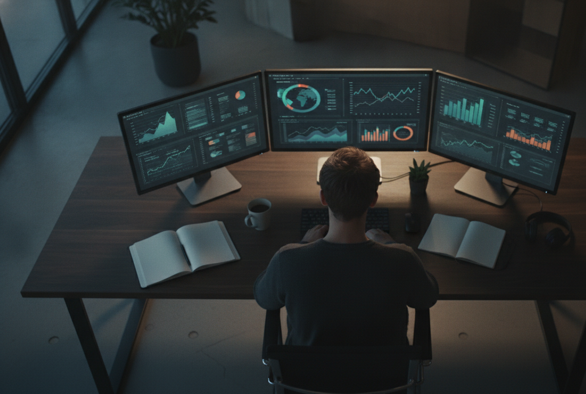 dados de comportamento — A modern office with people analyzing dashboards, soft natural lighting, professional photography style
