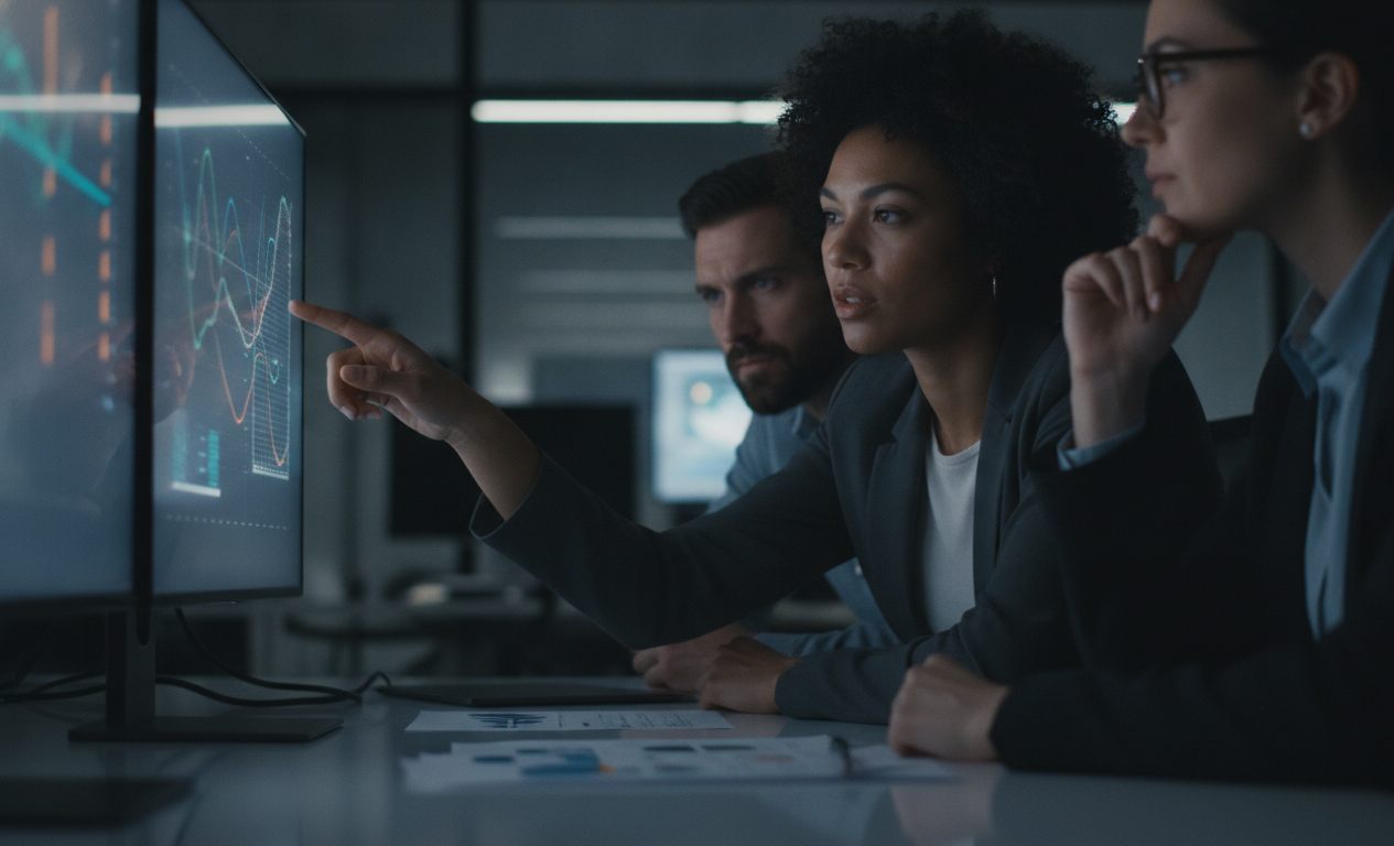 A team of professionals discussing data insights in a modern office setting with large screens displaying analytics