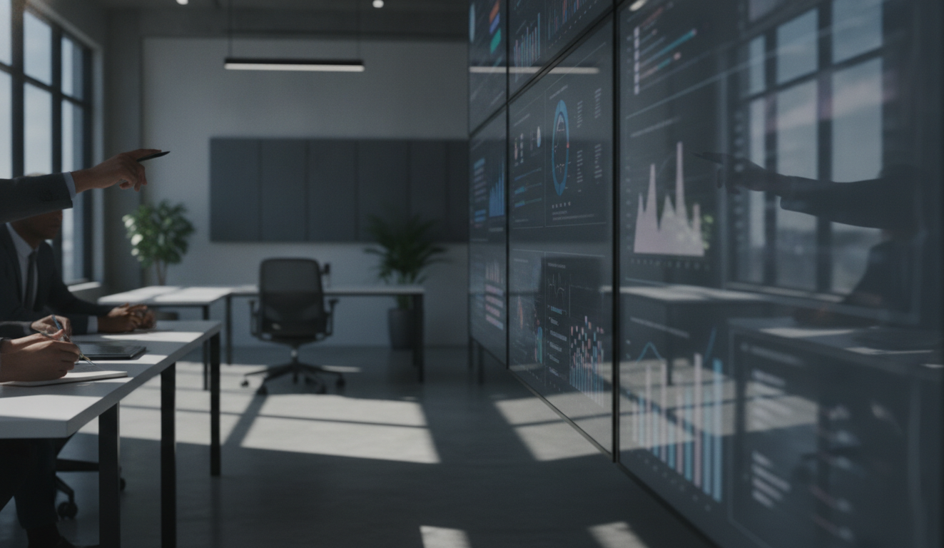 automação personalizada — A modern office with people analyzing dashboards, soft natural lighting, professional photography style