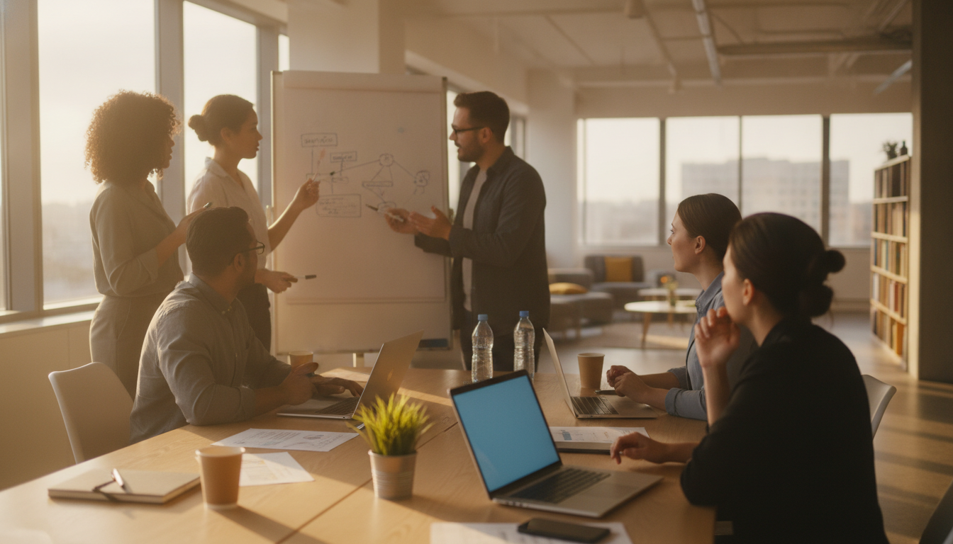 A team of professionals working on SEO strategies in a bright, spacious office with laptops and whiteboards