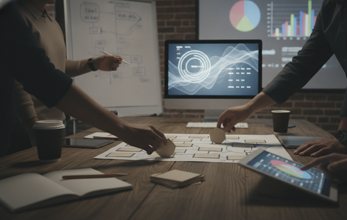 A diverse group of people collaborating in a modern workspace, focused on SEO planning and execution