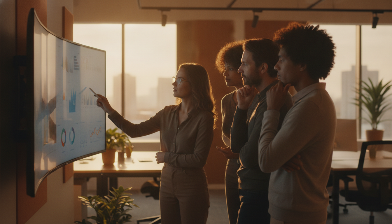 conexões humanas — A modern office with people analyzing dashboards, soft natural lighting, professional photography style
