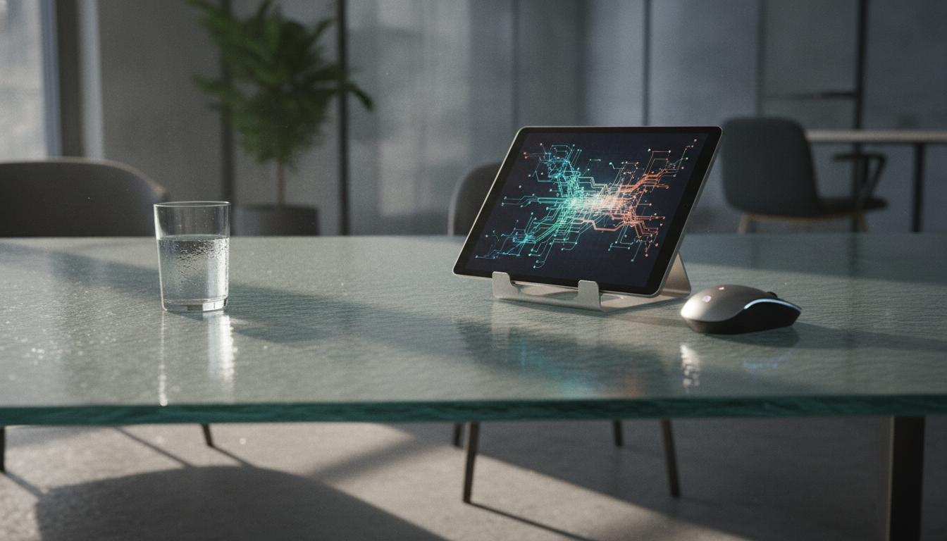 erros de design — A modern office with people analyzing dashboards, soft natural lighting, professional photography style