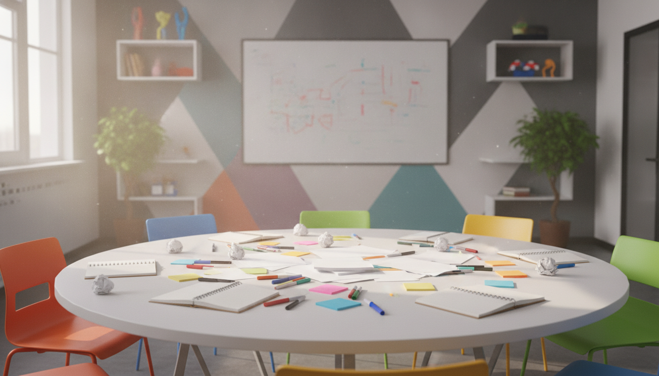 A creative team having a brainstorming session in a modern, colorful office setting