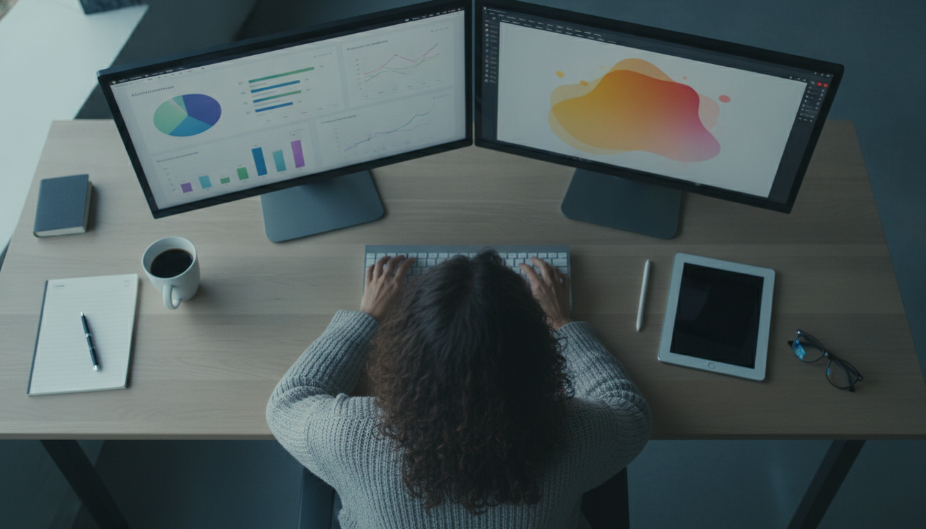 A digital marketer working with dual monitors displaying analytics and creative content, vibrant colors