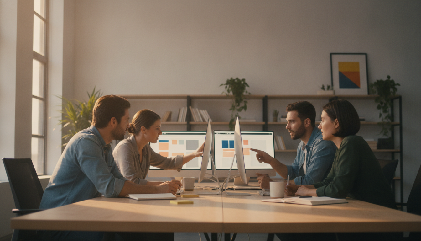 atualização de sites — A contemporary workspace with a team collaborating on a website update, bright and minimalistic atmosphere, high-quality professional image