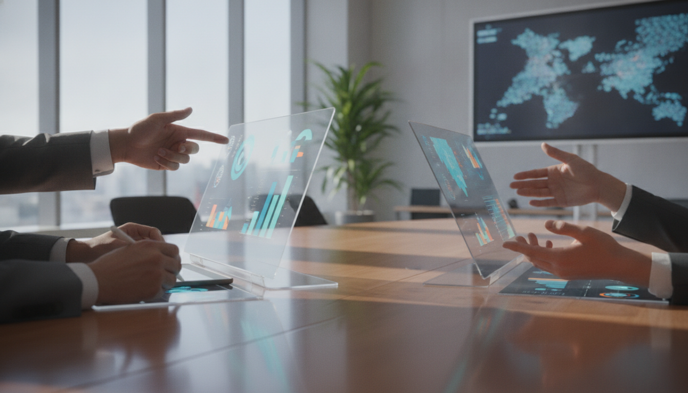 sites que não convertem — Modern office with people analyzing dashboards, soft natural lighting, professional photography style