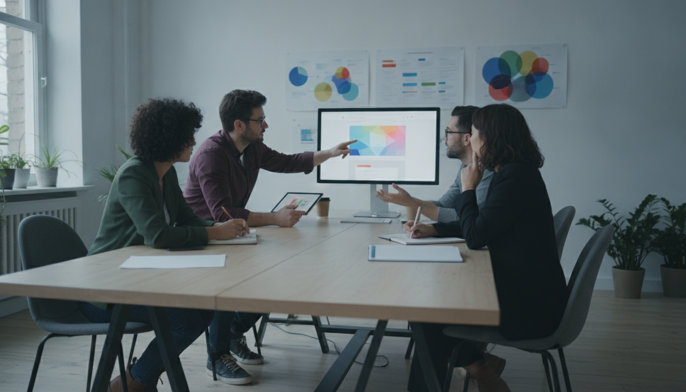 A team working on a website design, colorful charts on the wall, bright workspace