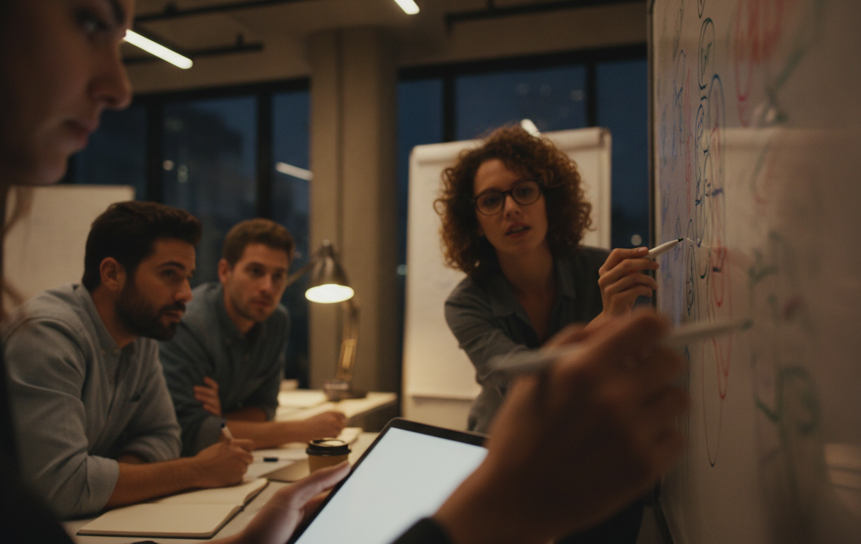 A group of people brainstorming in a modern office, whiteboards filled with notes, team collaboration