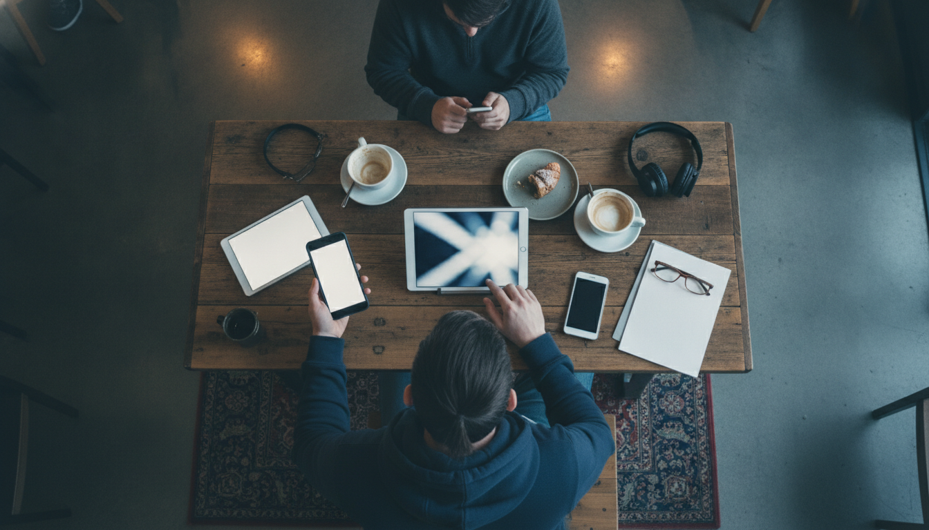 sites responsivos — A group of diverse people using different devices, including smartphones and tablets, in a cozy coffee shop setting. Natural lighting and a casual atmosphere.