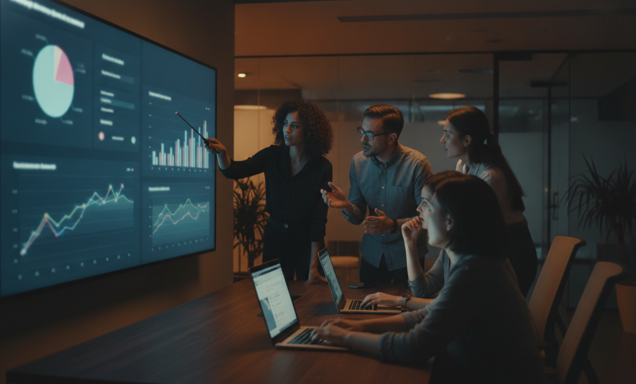 A digital marketing team analyzing website metrics on a large screen in a modern office, with diverse team members and a focus on collaboration.