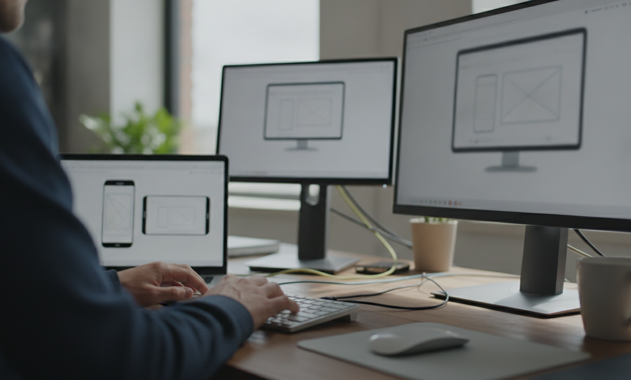 A web developer working on a responsive design project using a laptop and multiple screens in a tech-savvy workspace.
