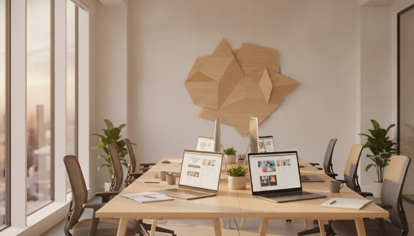 metodologia criação sites — A team of designers working on website layouts, bright and modern office environment, natural light streaming through large windows