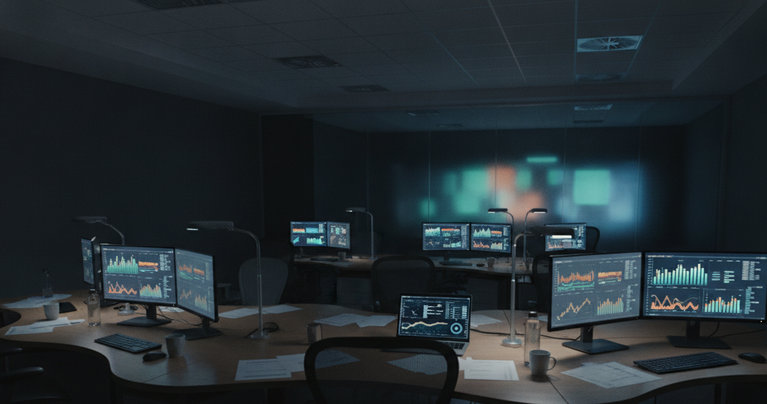 A group of people in an office setting analyzing charts and graphs on computers, modern and sleek design, focused atmosphere