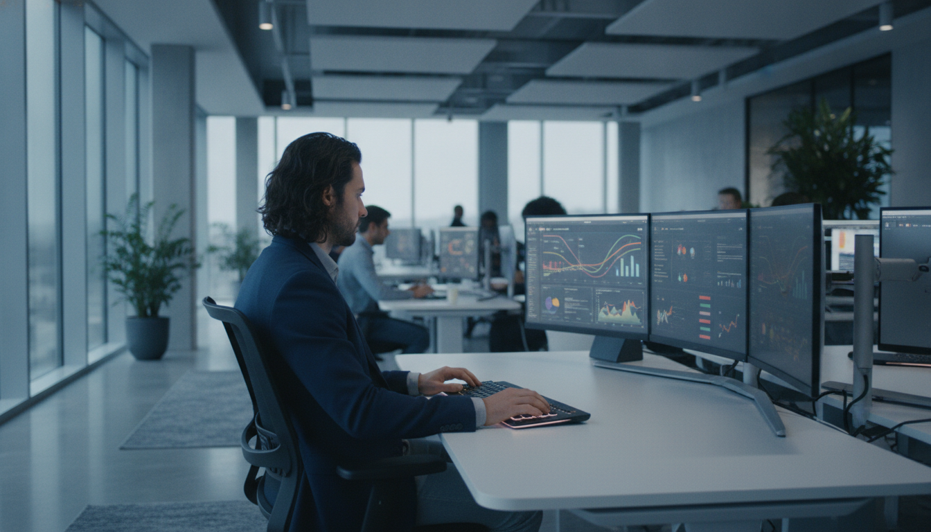 integração redes sociais — A modern office with people analyzing dashboards, soft natural lighting, professional photography style