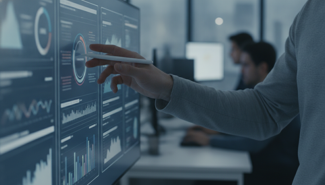 blogs ativos — A modern office with people analyzing dashboards, soft natural lighting, professional photography style