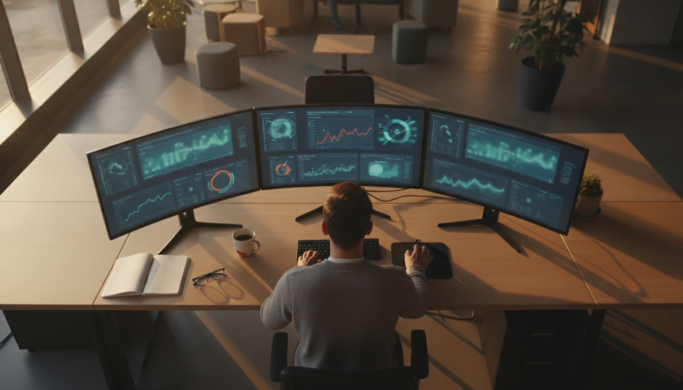 landing pages eficientes — A modern office with people analyzing dashboards, soft natural lighting, professional photography style