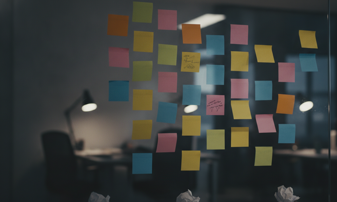 A creative team brainstorming ideas with sticky notes on a glass wall, vibrant and dynamic setting