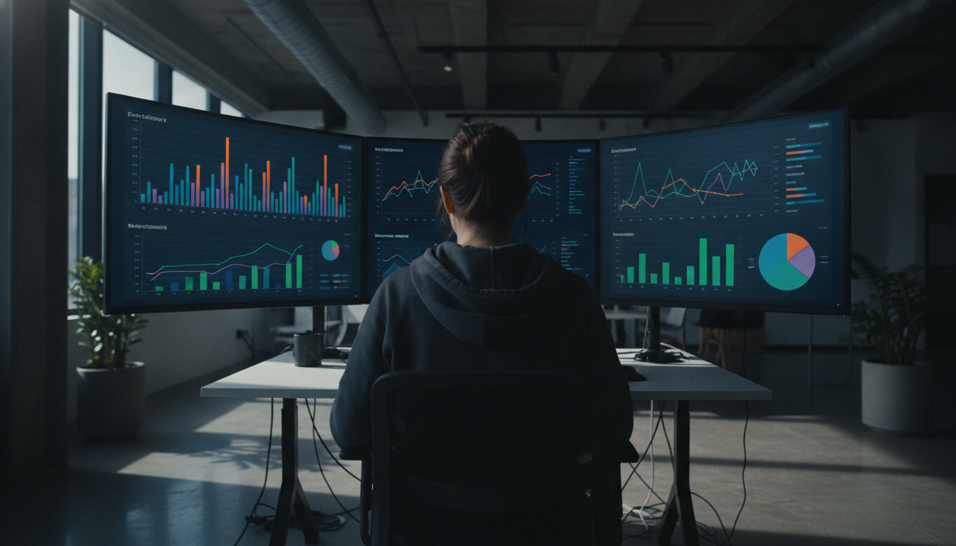 A digital marketing team analyzing performance charts on a large monitor, focused and professional atmosphere