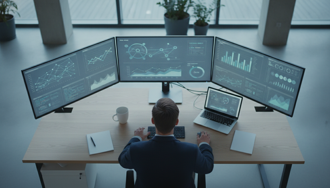 algoritmos redes sociais — A modern office with people analyzing dashboards, soft natural lighting, professional photography style