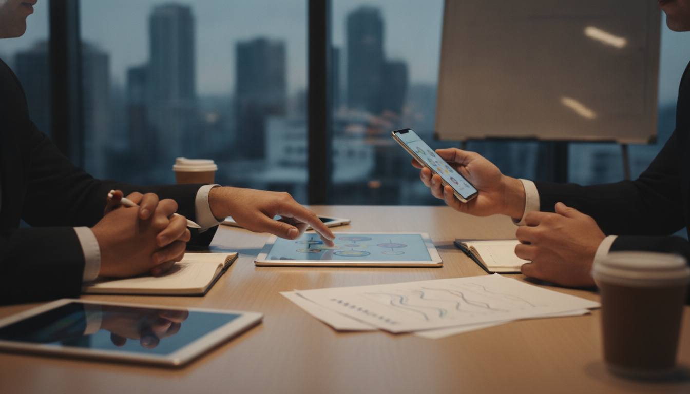 A team of professionals actively discussing social media strategies in a modern conference room, bright lighting, high-resolution photo